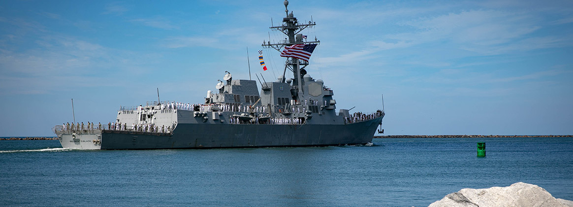 he Arleigh Burke-class guided missile destroyer USS Delbert D. Black (DDG 119) departs Naval Station Mayport for deployment, Aug 2, 2022.
